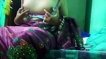 Indian Trans Woman in pink saree pressing and milking his boobs so hard and enjoying the hardcore sex