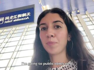 Eager CUMWALK in Large AIRPORT Full of People Risky Public Oral-sex