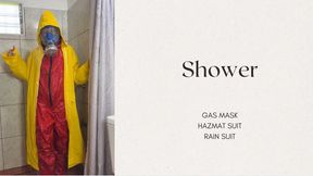 gas mask, hazmat suit and rain suit in the shower