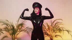 Goddess shows off biceps in a black latex catsuit (1080p)