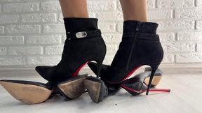 Louboutins ankle boots crushing Casadei blade, high heels wrecked, Louboutins boots stomping high heels, high heels stomping, wrecked casadei blade