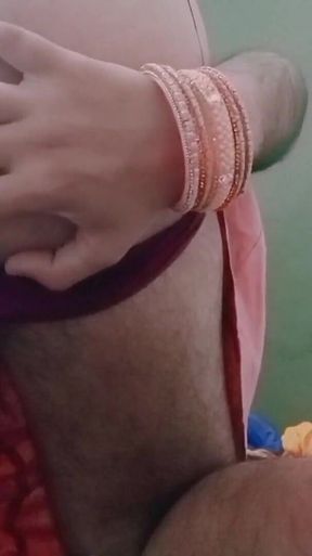 Indian Gay Crossdresser Gaurisissy Pressing Her Big Boobs and Fingering in Her Clean Shaved Big Ass in Red Saree