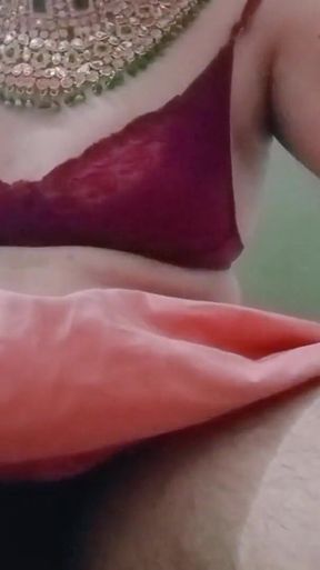 Indian Gay Crossdresser Gaurisissy Pressing Her Big Boobs and Fingering in Her Clean Shaved Big Ass in Red Saree