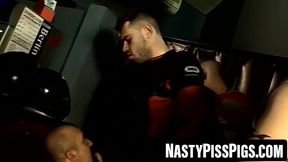 Tatted studs suck cocks at wild piss gangbang