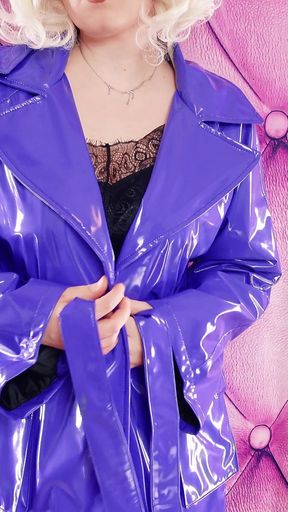 Process of selfie - hot curvy Arya Grander - backstage and teasing in shiny PVC coat