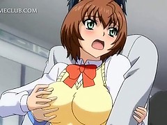 Busty anime caught with no ticket gets fucked in the train