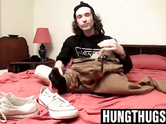 Long haired guy makes his throbbing boner spray cum wildly