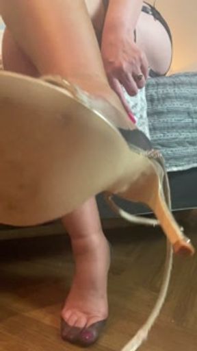 Gold heels, nylon stockings, long pink nails AMSR