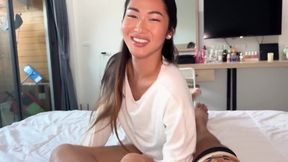 Thai ladyboy deep anal fucked till she gushes cum on neighbors big cock POV