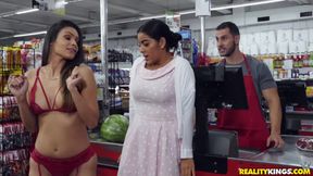 Brunette undresses to get a discount and an orgasm