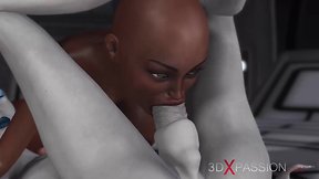 Sci-fi alien meets black woman in space station