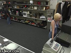 Pawnshop babe deep sucks in pawn shop office and gets fucked