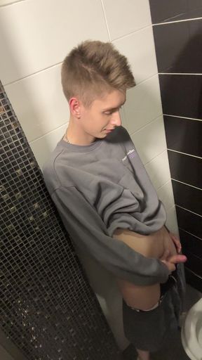 Handsome Guy Asta Boy Jerks off and Cums in a Public Toilet