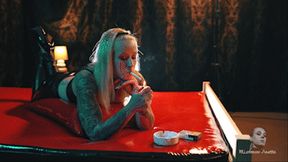 Smoking on the red pvc bed 4K MP4