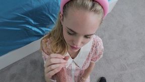 Adorable blonde girl sucks rock hard cock before getting laid