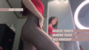 Glossy tights mirror tease