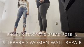 slippers to Barefoot women wall repair Full video with Phoenix Stacy and GreasyRose