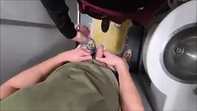 Straight couple takes public restroom train fuck