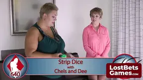 Blonde Dee Williams plays Strip Dice against towering Chels