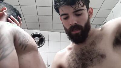 Three gay dudes are having raw sex in the bathroom