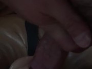Pushing fat white cock in to Riley Steele fleshlight on the couch