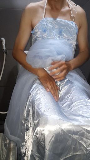 Crossdresser Cumshot Wearing Blue Bridesmaid Dress