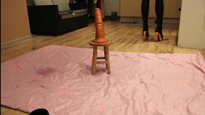 Riding a large horse in high heels