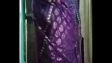 Indian Gay Crossdresser Bottom Gaurisissy showing her big boobs in purple saree