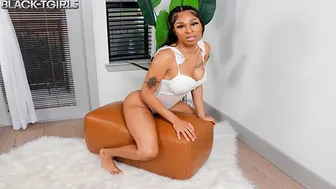 Slim Tattooed Black Tgurl Baad Girl Ari Jerks Big Cock in White Lingerie