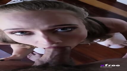 SUBMISSIVE HOT BLONDE MAID BLOWS HER MASTERS COCK UNTIL SHE GETS A LOAD OF CUM ALL OVER HER FACE