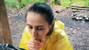 Brunette Girl in Yellow Raincoat Sucks Cock Outdoors