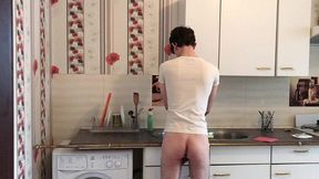 sexy teenager jerking off and cumming hard in the kitchen /big load /big dick / hot