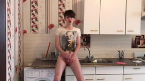 sexy teenager jerking off and cumming hard in the kitchen /big load /big dick / hot