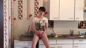 sexy teenager jerking off and cumming hard in the kitchen /big load /big dick / hot