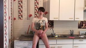 sexy teenager jerking off and cumming hard in the kitchen /big load /big dick / hot