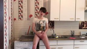 sexy teenager jerking off and cumming hard in the kitchen /big load /big dick / hot