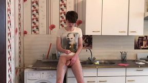 sexy teenager jerking off and cumming hard in the kitchen /big load /big dick / hot