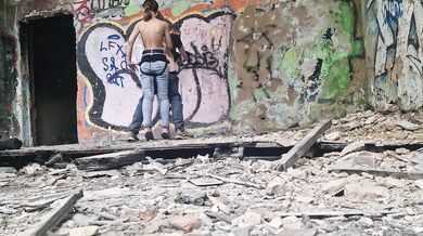 In abandoned building public outdoor fucked strapon in the ass her slave