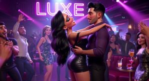 Beautiful Woman Enjoys Exciting Night at Vibrant Club Dancing Kissing Men and Becoming Fully Nude on All Fours