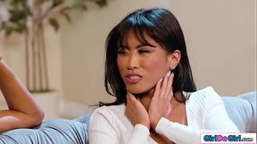 Ebony MILF Kylie LeBeau gives her Asian GF Ember Snow a facial and boob massage