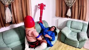 Inflatable wrestler engages in dirty double penetration and oral sex