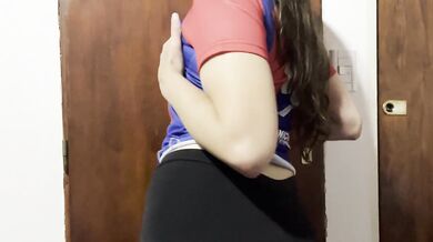 Delicious striptease by a football fan, great tits before the game