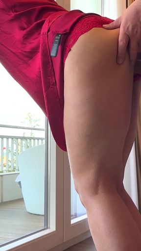 Sexy Girl in Red Silk Satin Dress Has Risky Sex in Front of the Hotel Window - Projectfundiary