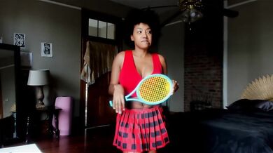 Ebony Tennis Student Rosaline Capulet Strips And Teases In Fishnets Until Soaked Riding Her Big Black Dildo