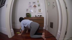 Faye Taylor polishing and peeing in grey leggings