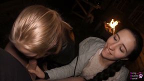 FFM Threesome Sucking on the Backyard - Outdoor Double Blowjob - Oral Creampie
