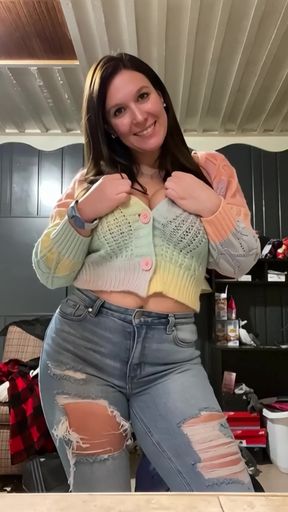 I grabbed my big tits and played with them in many sweaters for my 63f lesbian roommate I wanted to scissor lick and 69 her