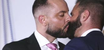 Four-some homosexual anal love in suits at real estate