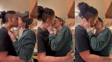 Hot masculine dyke making out with ebony stud in a real couple kink