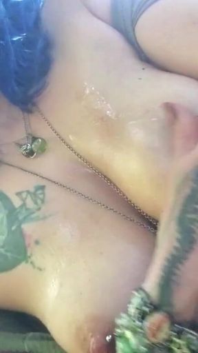 Oiled Tits Big Pierced Nipples in the Woods